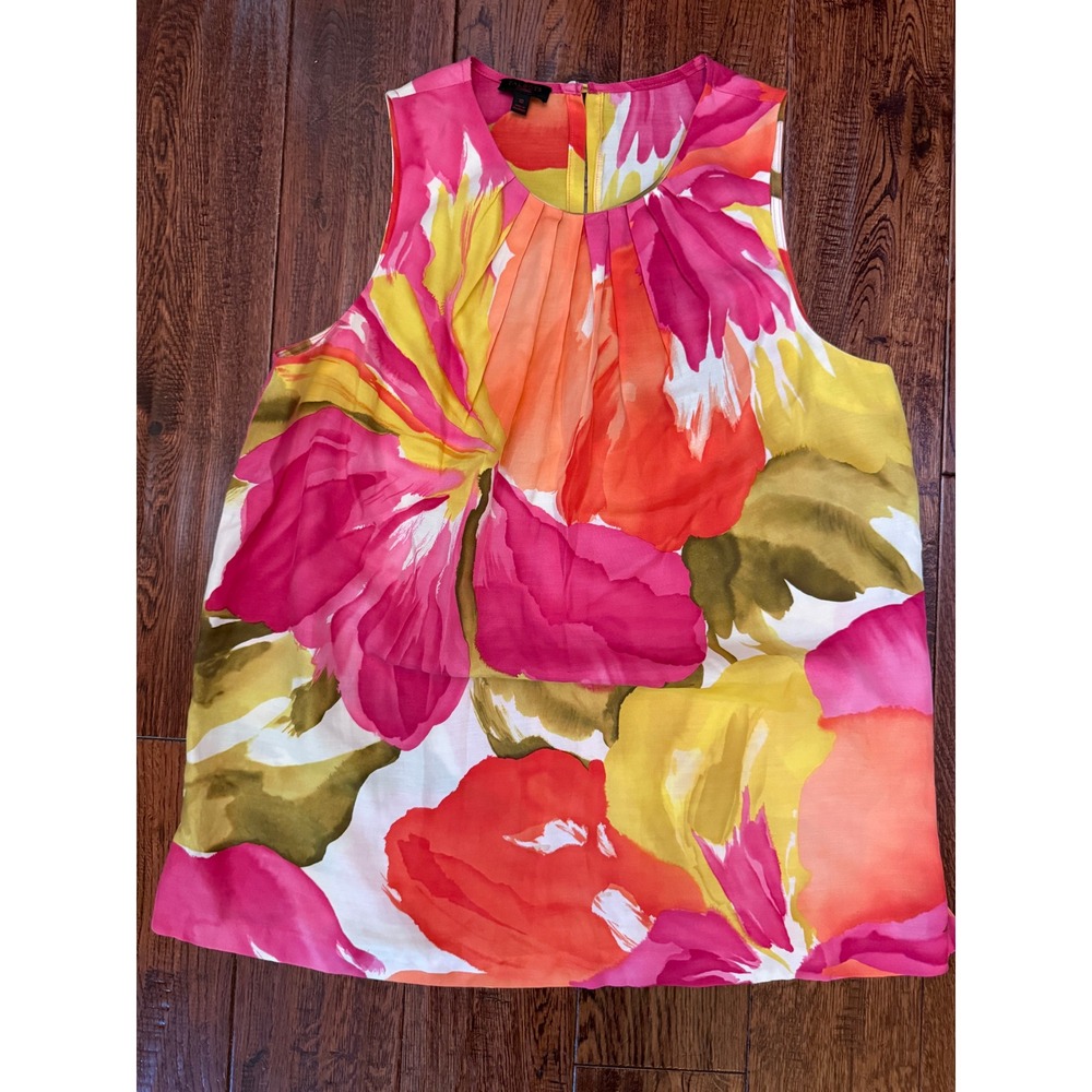 Talbots Collection Floral Sleeveless Pleated Neck Blouse Pink Orange Yellow 10